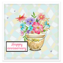 Card with flowers in a pot and 'Happy anniversary' text on a checkered background