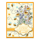 Card with flowers, bees, and a motivational quote on a light background