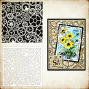 Collection of stencils with mechanical design, floral pattern, and text overlay on a textured background.