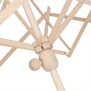 Close-up of a light natural wood folding umbrella frame showing the central joint, ribs, and base against a white background.