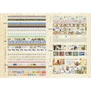Collection of decorative paper strips with various patterns and designs on a beige background