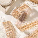 Close-up of beige lace trim on a light background