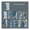 Denim fabric samples with decorative elements on a gray background