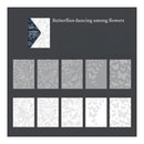 Set of butterfly and floral patterned paper sheets with a sample cutout on a dark background.