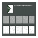 Collection of patterned paper sheets with a small book on a dark gray background.
