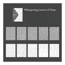 Collection of leaf patterns with 'Whispering Leaves of Time' text on a dark background