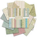 Collection of patterned paper sheets in pastel colors on a white background