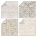 Four square tiles with different beige and gray patterned designs on a white background