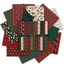 Collection of Christmas-themed fabric swatches in red, green, and white on a white background.