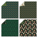 Four green fabric swatches with Christmas patterns on a white background