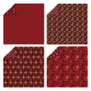 Four red fabric swatches with different patterns on a white background
