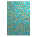 Decorative paper with a blue and green paisley pattern on a white background