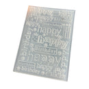 A clear plastic stamp block featuring various embossed 'Happy Birthday' text designs, floral motifs, and celebratory icons, shown on a plain white background.