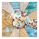 Collage of beach-themed elements including shells, sand, and starfish on a textured background.