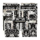 A set of black and white scrapbooking paper sheets with intricate floral, lace, and damask patterns, arranged in a fan-like layout on a white background.