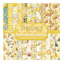 A sheet of scrapbooking paper featuring a variety of yellow and beige patterns, including lemon slices, macarons, cupcakes, flowers, stripes, and wood textures. A central label reads 'Sunny Scrapbooking Paper Sheets'.