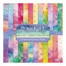 A sheet of pastel scrapbooking paper sheets with vertical watercolor stripes in pink, yellow, green, blue, purple, and orange, decorated with gold glitter patterns. A central label reads 'Pastel Scrapbooking Paper Sheets'.