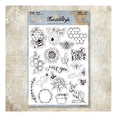 Sheet of clear stamps with bee and floral designs on a textured surface