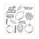Black and white illustration with motivational phrases and fruit illustrations on a white background
