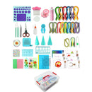 Assorted craft supplies including colorful tools, templates, and a storage box on a white background