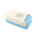 Blue and beige rectangular object with a textured surface on a white background