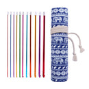 Set of colorful crochet hooks with a blue patterned bag featuring elephants on a white background