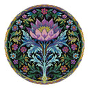 Circular design with a central floral pattern surrounded by smaller flowers on a black background