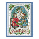 Cross-stitched design of two children with a snowman and 'Merry Christmas' text, framed with decorative elements.