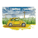 Yellow vintage car on a road with a blue sky and green fields in the background
