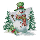 Cross-stitched snowman with a green top hat and red scarf, surrounded by trees and holly berries on a white background.