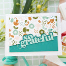 Card with 'so grateful' text and floral patterns on a green background