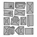 Set of various stylized envelopes and letter shapes in gray on a white background