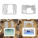 Metal tree-shaped cutting dies on a white background with examples of cut-out designs on paper.