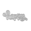Metallic 'Happy' word cutout on a white background