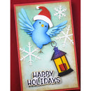 Holiday card with a blue bird wearing a Santa hat, snowflakes, and a lantern with 'Happy Holidays' text.