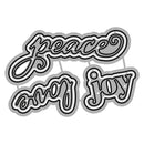 Decorative text stickers with 'peace', 'love', and 'joy' on a white background