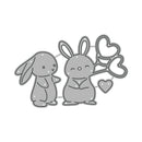 Two cartoon bunnies with hearts on a white background