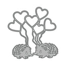 Metal cutting die with two hedgehogs and heart-shaped balloons on a white background