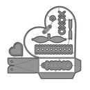 Decorative metal die cut with heart, mustache, and 'XOXO' elements on a white background