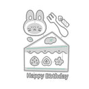 Metallic die cut with rabbit face, cake, and 'Happy Birthday' text on a white background