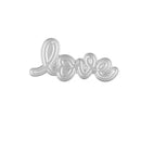 Metallic 'love' word charm on a white background