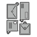 Set of four metallic die-cut shapes with heart and square designs on a white background