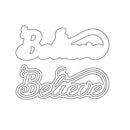 Outline of a bat and the word 'Believe' on a white background