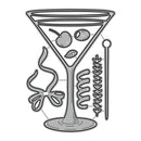 Black and white illustration of a martini glass with olives and a cocktail stick.