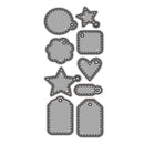 Set of gray die-cut shapes including circles, stars, and tags on a white background