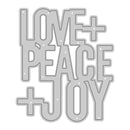 Metal die cut with 'LOVE + PEACE + JOY' text on a white background