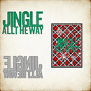 Decorative text 'Jingle All the Way' with a red and green pattern on a textured background.