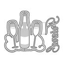 Metal die cut of a champagne bottle and two glasses with the word 'Famille' on a white background