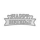 Metallic 'Happy Birthday' banner on a white background