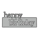 Metallic 'happy birthday' text cutout on a white background